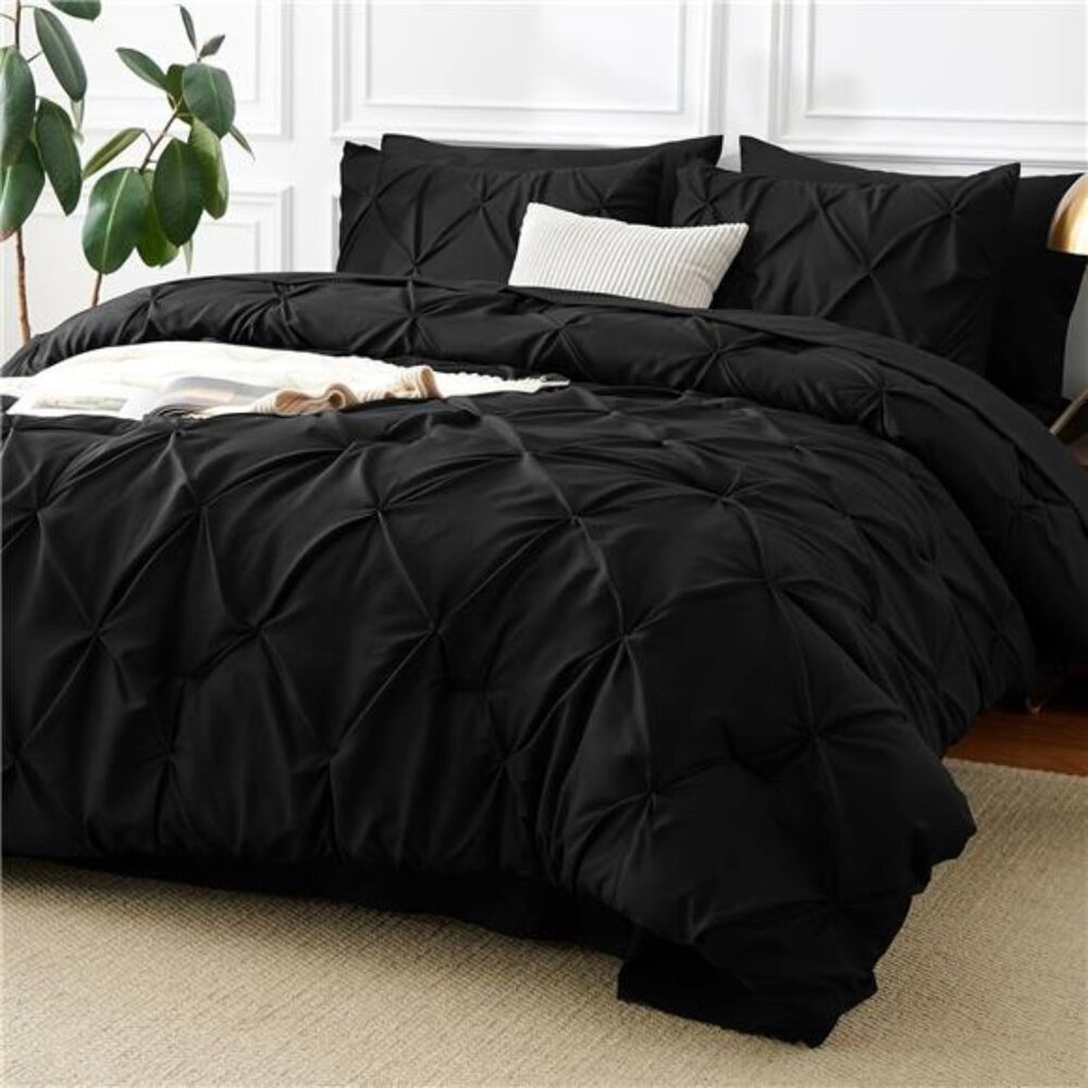 Queen Comforter Set Black, 7 Pieces Pintuck Bed in A Bag,Premium Black Comforter